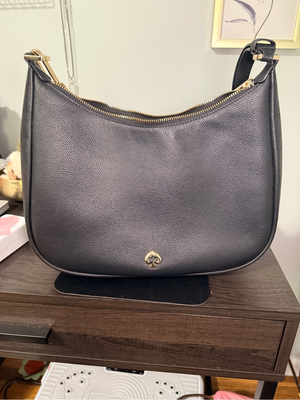 kate spade Black Pebbled Leather Crescent Shoulder Bag with Gold Hardware